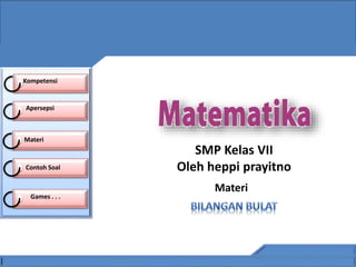 Kompetensi
Apersepsi
SMP Kelas VII
Oleh heppi prayitno
Materi
Contoh Soal
Materi
Games . . .
 