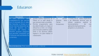 Educanon
Descripción Ventajas Desventajas Aplicaciones
Es una aplicación web
multiplataforma que permite
unir el visionado de un vídeo
(de Youturbe o Vimeo) a un
cierto nivel de interacción por
parte del alumno: en el
transcurso del mismo, el
docente propone preguntas
que permitan comprobar que
el discente está asimilando los
contenidos.
 guarda nuestro repertorio de
vídeos en su web desde la
que siempre están accesibles.
 Permite programarlos para
día determinado y lo mejor, al
ofrecernos el link o el código
para incrustar podemos optar
entre si los alumnos deben
logarse o no para realizar el
cuestionario.
 La versión
gratuita tiene
ciertas
limitaciones.
A través de los vídeos explicativos
y las diferentes técnicas que se
utilizan podemos explicar el
funcionamiento de una
aplicación/startup/emprea, un
proyecto o un producto.
Recomendaciones: Tener excelente conexión a internet.
Video tutorial: https://youtu.be/EqGe3pNh_40
 
