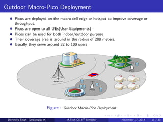 Deployment scenarios 
By using small cells in Hotspots(where user density is more.) we 
achieve spectrum reuse via cell splitting. 
Additional low power nodes 
In dense user locations 
Small Coverage area 
Localized interference 
Figure : Deployment of low power nodes (small cells) throughout a macro-cell layout 
Devendra Singh (2013pcp5144) M.Tech CS 3rd Semester November 17, 2014 12 / 30 
 
