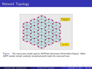 Performance Metrics 
Figure : Downlink (left) and uplink (right) Max-SINR association regions for a three-tier 
network with macros(red), picos(green), and femtos(black). Note that the BSs are in the same 
locations in these two plots, but the regions are very dierent. 
Devendra Singh (2013pcp5144) M.Tech CS 3rd Semester November 17, 2014 18 / 30 
 