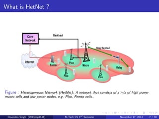 What is HetNet ? 
HetNets are typically composed of a variety of formats of base station, 
radio access networks, transmission solutions and power levels. 
But it also presents problems in terms of ubiquity(omnipresence) and 
operation with such a variation of technologies and approaches. 
In this way HetNets have several aspects : 
Use of multiple radio access technologies 
Operation of dierent cell sizes and approaches 
Backhaul 
Devendra Singh (2013pcp5144) M.Tech CS 3rd Semester November 17, 2014 6 / 30 
 