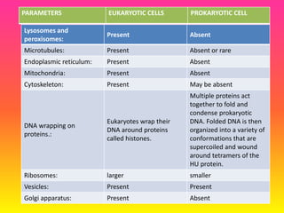 Lysosomes and
peroxisomes:
Present Absent
Microtubules: Present Absent or rare
Endoplasmic reticulum: Present Absent
Mitochondria: Present Absent
Cytoskeleton: Present May be absent
DNA wrapping on
proteins.:
Eukaryotes wrap their
DNA around proteins
called histones.
Multiple proteins act
together to fold and
condense prokaryotic
DNA. Folded DNA is then
organized into a variety of
conformations that are
supercoiled and wound
around tetramers of the
HU protein.
Ribosomes: larger smaller
Vesicles: Present Present
Golgi apparatus: Present Absent
PARAMETERS EUKARYOTIC CELLS PROKARYOTIC CELL
 