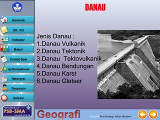 PSB-SMA Rela Berbagi, Ikhlas Memberi
DANAU
Jenis Danau :
1.Danau Vulkanik
2.Danau Tektonik
3.Danau Tektovulkanik
4.Danau Bendungan
5.Danau Karst
6.Danau Gletser
 