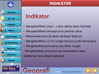 PSB-SMA Rela Berbagi, Ikhlas Memberi
• Mengidentifikasi unsur – unsur utama siklus hidrologi
• Mengidentifikasi berbagai jenis perairan darat
• Menentukan jenis air tanah berdasar letaknya
• Mengidentifikasi ciri-ciri sungai menurut profil memanjang.
• Mengklasifikasi jenis-jenis pola aliran sungai.
• Mengklasifikasi jenis-jenis laut berdasarkan letak,
kedalaman dan wilayah keluasan
INDIKATOR
 