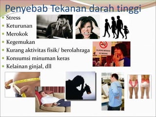 Penyebab Tekanan darah tinggi
 Stress
 Keturunan
 Merokok
 Kegemukan
 Kurang aktivitas fisik/ berolahraga
 Konsumsi minuman keras
 Kelainan ginjal, dll
 