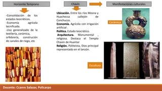 Horizonte Temprano
-Consolidación de los
estados teocráticos.
-Economía agrícola
tecnificada.
-Uso generalizado de la
textilería, cerámica,
orfebrería, construción
de canales de riego, etc
Chavín
Ubicación. Entre los ríos Mosna y
Huachecsa callejón de
Conchucos.
Economía. Agrícola con irrigación
artificial .
Política. Estado teocrático.
Arquitectura. Monumental ,
religiosa. Destaca el Templo
Chavín de Huantar
Religión. Politeísta, Dios principal
representado en el lanzón.
Manifestaciones culturales
Cerámica
Escultura
Docente: Ccanre Salazar, Policarpo
 