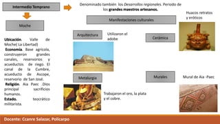 Intermedio Temprano
Denominado también los Desarrollos regionales. Periodo de
los grandes maestros artesanos.
Moche
Ubicación. Valle de
Moche( La Libertad)
Economía. Base agrícola,
construyeron grandes
canales, reservorios y
acueductos de riego. El
canal de la Cumbre,
acueducto de Ascope,
reservorio de San José.
Religión. Aia Paec .Dios
principal sacrificios
humanos.
Estado. teocrático
militarista.
Manifestaciones culturales
Cerámica
Arquitectura
Metalurgia Murales
Huacos retratos
y eróticos
Utilizaron el
adobe
Mural de Aia -Paec
Trabajaron el oro, la plata
y el cobre.
Docente: Ccanre Salazar, Policarpo
 