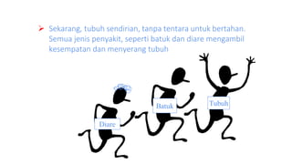 Tubuh
Batuk
Diare
 Sekarang, tubuh sendirian, tanpa tentara untuk bertahan.
Semua jenis penyakit, seperti batuk dan diare mengambil
kesempatan dan menyerang tubuh
 