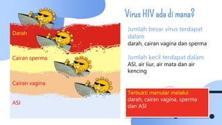 Cairan sperma
Darah
Virus HIV ada di mana?
Cairan vagina
Jumlah besar virus terdapat
dalam
darah, cairan vagina dan sperma
Jumlah kecil terdapat dalam
ASI, air liur, air mata dan air
kencing
ASI
Terbukti menular melalui
darah, cairan vagina, sperma
dan ASI
 