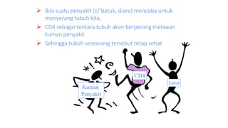  Bila suatu penyakit (c/ batuk, diare) mencoba untuk
menyerang tubuh kita,
 CD4 sebagai tentara tubuh akan berperang melawan
kuman penyakit
 Sehingga tubuh seseorang tersebut tetap sehat
Tubuh
CD4
Kuman
Penyakit
 