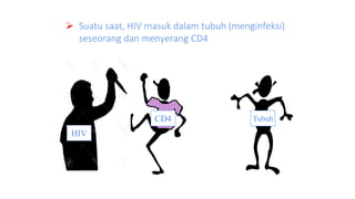  Suatu saat, HIV masuk dalam tubuh (menginfeksi)
seseorang dan menyerang CD4
HIV
CD4 Tubuh
 