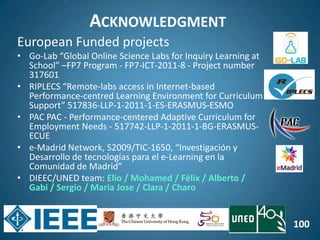 100
ACKNOWLEDGMENT
European Funded projects
• Go-Lab “Global Online Science Labs for Inquiry Learning at
School” –FP7 Program - FP7-ICT-2011-8 - Project number
317601
• RIPLECS “Remote-labs access in Internet-based
Performance-centred Learning Environment for Curriculum
Support” 517836-LLP-1-2011-1-ES-ERASMUS-ESMO
• PAC PAC - Performance-centered Adaptive Curriculum for
Employment Needs - 517742-LLP-1-2011-1-BG-ERASMUS-
ECUE
• e-Madrid Network, S2009/TIC-1650, “Investigación y
Desarrollo de tecnologías para el e-Learning en la
Comunidad de Madrid”
• DIEEC/UNED team: Elio / Mohamed / Félix / Alberto /
Gabi / Sergio / Maria Jose / Clara / Charo
 