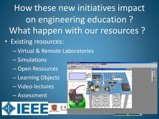 20
What happen with our resources ?
• Existing resources:
– Virtual & Remote Laboratories
– Simulations
– Open Resources
– Learning Objects
– Video-lectures
– Assessment
How these new initiatives impact
on engineering education ?
 