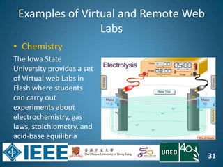 31
Examples of Virtual and Remote Web
Labs
• Chemistry
The Iowa State
University provides a set
of Virtual web Labs in
Flash where students
can carry out
experiments about
electrochemistry, gas
laws, stoichiometry, and
acid-base equilibria
 