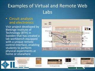 32
Examples of Virtual and Remote Web
Labs
• Circuit analysis
and electronics
Visir project developed by
Blekinge Institute of
Technology (BTH) in
Sweden that has created a
lab workbench equipped
with a unique remote
control interface, enabling
students to perform
physical experiments at
home or elsewhere
 