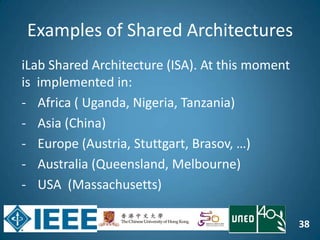 38
Examples of Shared Architectures
iLab Shared Architecture (ISA). At this moment
is implemented in:
- Africa ( Uganda, Nigeria, Tanzania)
- Asia (China)
- Europe (Austria, Stuttgart, Brasov, …)
- Australia (Queensland, Melbourne)
- USA (Massachusetts)
 