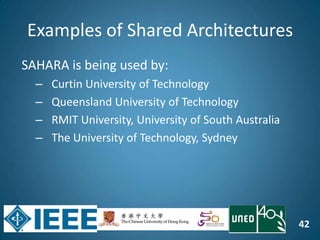 42
Examples of Shared Architectures
SAHARA is being used by:
– Curtin University of Technology
– Queensland University of Technology
– RMIT University, University of South Australia
– The University of Technology, Sydney
 