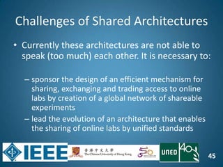 45
Challenges of Shared Architectures
• Currently these architectures are not able to
speak (too much) each other. It is necessary to:
– sponsor the design of an efficient mechanism for
sharing, exchanging and trading access to online
labs by creation of a global network of shareable
experiments
– lead the evolution of an architecture that enables
the sharing of online labs by unified standards
 