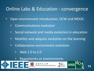 74
Online Labs & Education - convergence
• Open environment introduction, OCW and MOOC
• Communications evolution
• Social network and media evolution in education
• Mobility and ubiquitu evolution on the learning
• Collaborative environment evolution
• Web 1.0 to 2.0
• Repositories or environments
 
