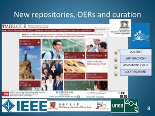 8
New repositories, OERs and curation
CONTENT
¿INTERACTION?
ASSESSMENT ¿SELF?
¿CERTIFICATION?
 