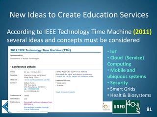 81
New Ideas to Create Education Services
According to IEEE Technology Time Machine (2011)
several ideas and concepts must be considered
• IoT
• Cloud (Service)
Computing
• Mobile and
ubiquous systems
• Security
• Smart Grids
• Healt & Biosystems
 