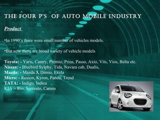 The four P’s  of auto mobile industry Product  In 1990’s there were small number of vehicles models. But now there are broad variety of vehicle models  Toyota: -  Yaris, Camry, Premio, Prius, Passo, Axio, Vits, Vios, Belta etc. Nissan: -  Bluebird Sylphy, Tida, Navara cab, Dualis, Mazda: -  Mazda  3,  Dimio, Exela Micro: -  Rexton, Kyron, Panda, Trend TATA: -  Indigo, Indica KIA :- Rio, Sorrento, Carans 