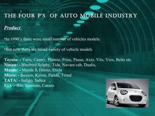 <ul><li>The four P’s  of auto mobile industry </li></ul><ul><li>Product  </li></ul><ul><li>In 1990’s there were small numb...