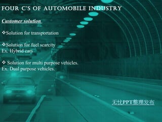Four C’s of automobile industry Customer solution  Solution for transportation Solution for fuel scarcity  Ex. Hybrid cars Solution for multi purpose vehicles. Ex. Dual purpose vehicles.  