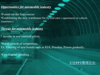 Opportunities for automobile industry Found out the fuel sources  Establishing the new warehouse for hybrid cars  ( opportunity to vehicle importers.) Threats for automobile industry incense in row material prices. Rapid growth of competitors. Ex. Entering of new brands such as KIA, Perodua, Proton gradually. Less Capital spending  