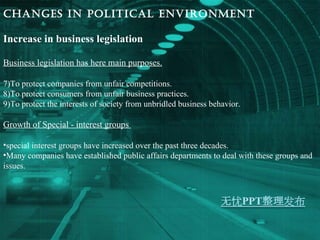 Changes in Political environment Increase in business legislation Business legislation has here main purposes. To protect companies from unfair competitions. To protect consumers from unfair business practices. To protect the interests of society from unbridled business behavior. Growth of Special - interest groups  special interest groups have increased over the past three decades. Many companies have established public affairs departments to deal with these groups and issues. 