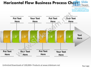 Horizontal Flow Business Process Chart


           Put Text           Your Text          Put Text           Your Text
            Here                Here              Here                Here




                                                                                Text
   1         2        3         4         5        6        7         8         Here




Put Text          Your Text           Put Text          Your Text
 Here               Here               Here               Here



                                                                                   Your Logo
 
