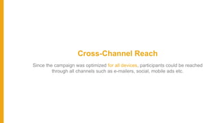 Cross-Channel Reach
Since the campaign was optimized for all devices, participants could be reached
through all channels such as e-mailers, social, mobile ads etc.
 