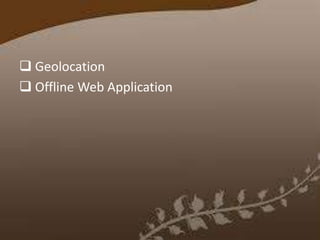  Geolocation
 Offline Web Application

 