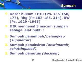 Sumpah

 Dasar hukum : HIR (Ps. 155-158,
  177), Rbg (Ps.182-185, 314), BW
  (Ps. 1929 -1945)
 HIR mengenal 3 macam sumpah
  sebagai alat bukti :
1. Sumpah penambah/pelengkap
   (suppletoir)
2. Sumpah penaksiran (aestimatoir,
   schattingseed)
3. Sumpah pemutus (decisoir)
              31        Disajikan oleh Amelia Sri Kusuma
 