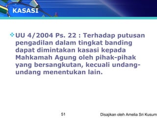 KASASI


 UU 4/2004 Ps. 22 : Terhadap putusan
  pengadilan dalam tingkat banding
  dapat dimintakan kasasi kepada
  Mahkamah Agung oleh pihak-pihak
  yang bersangkutan, kecuali undang-
  undang menentukan lain.




              51        Disajikan oleh Amelia Sri Kusuma
 