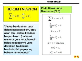 FISIKA DASAR 1
HUKUM 1 NEWTON Pada Gerak Lurus
Beraturan (GLB)
“Setiap benda akan terus
dalam keadaan diam, atau
akan terus dalam keadaan
bergerak rata (uniform)
menurut garis lurus, kecuali
kalau keadaannya yang
demikian itu dipaksa
berubah oleh gaya yang
bekerja terhadapnya”
 