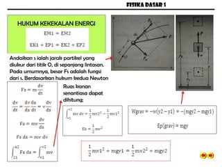 FISIKA DASAR 1
HUKUM KEKEKALAN ENERGI
Andaikan s ialah jarak partikel yang
diukur dari titik O, di sepanjang lintasan.
Pada umumnya, besar Fs adalah fungsi
dari s. Berdasarkan hukum kedua Newton
Ruas kanan
senantiasa dapat
dihitung;
 