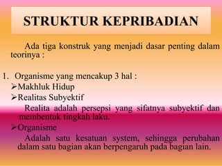 STRUKTUR KEPRIBADIAN
Ada tiga konstruk yang menjadi dasar penting dalam
teorinya :
1. Organisme yang mencakup 3 hal :
Makhluk Hidup
Realitas Subyektif
Realita adalah persepsi yang sifatnya subyektif dan
membentuk tingkah laku.
Organisme
Adalah satu kesatuan system, sehingga perubahan
dalam satu bagian akan berpengaruh pada bagian lain.
 