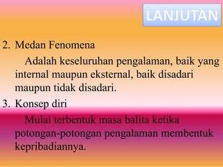 2. Medan Fenomena
Adalah keseluruhan pengalaman, baik yang
internal maupun eksternal, baik disadari
maupun tidak disadari.
3. Konsep diri
Mulai terbentuk masa balita ketika
potongan-potongan pengalaman membentuk
kepribadiannya.
 