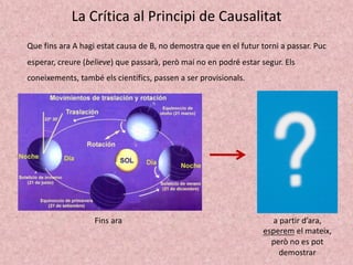 La Crítica al Principi de Causalitat
Que fins ara A hagi estat causa de B, no demostra que en el futur torni a passar. Puc
esperar, creure (believe) que passarà, però mai no en podré estar segur. Els
coneixements, també els científics, passen a ser provisionals.
Fins ara a partir d’ara,
esperem el mateix,
però no es pot
demostrar
 