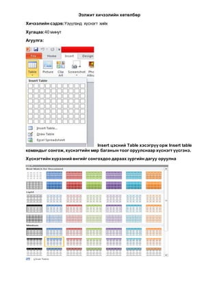 Ээлжит хичээлийн хөтөлбөр
Хичээлийн сэдэв:Үзүүлэнд хүснэгт хийх
Хугацаа:40 минут
Агуулга:
Insert цэсний Table хэсэгрүү орж Insert table
командыг сонгож, хүснэгтийн мөр баганын тоог оруулснаар хүснэгт үүсгэнэ.
Хүснэгтийн хүрээний өнгийг сонгохдоо дараах зургийн дагуу оруулна
 