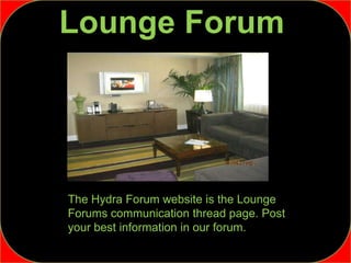 Lounge Forum
The Hydra Forum website is the Lounge
Forums communication thread page. Post
your best information in our forum.
 