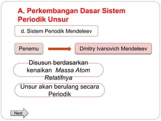 A. Perkembangan Dasar Sistem 
Periodik Unsur 
d. Sistem Periodik Mendeleev 
Penemu Dmitry Ivanovich Mendeleev 
Disusun berdasarkan 
kenaikan Massa Atom 
Relatifnya 
Unsur akan berulang secara 
Periodik 
Next 
 