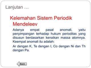 Lanjutan … 
Kelemahan Sistem Periodik 
Mendeleev 
Adanya empat pasal anomali, yaitu 
penyimpangan terhadap hukum perioditas yang 
disusun berdasarkan kenaikan massa atomnya. 
Keempat anomali itu adalah: 
Ar dengan K, Te dengan I, Co dengan Ni dan Th 
dengan Pa. 
Back 
 