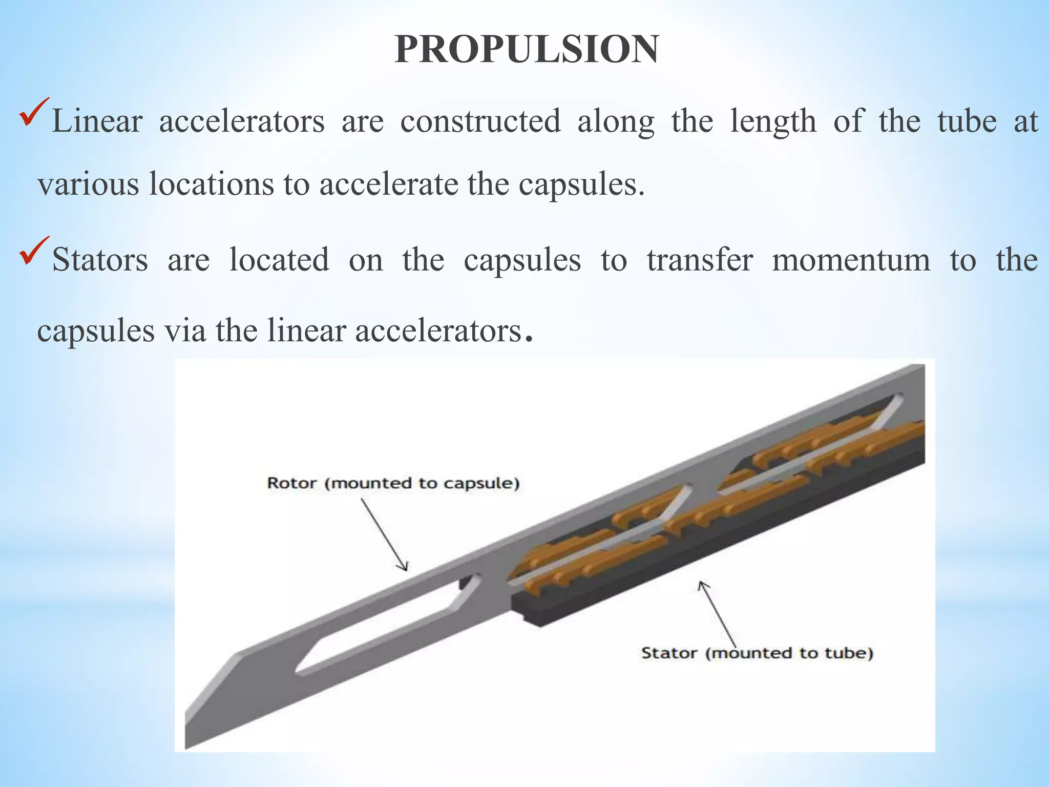 PROPULSION
Linear accelerators are constructed along the length of the tube at
various locations to accelerate the capsules.
Stators are located on the capsules to transfer momentum to the
capsules via the linear accelerators.
 