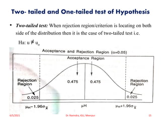 Two- tailed and One-tailed test of Hypothesis
• Two-tailed test: When rejection region/criterion is locating on both
side of the distribution then it is the case of two-tailed test i.e.
Ha: u ≠ uo
6/5/2021 Dr. Ravindra, IGU, Meerpur 15
 