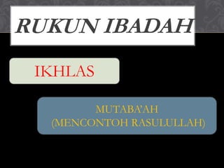 RUKUN IBADAH
IKHLAS
MUTABA’AH
(MENCONTOH RASULULLAH)
 