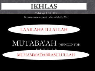 Tidak syirik 10 : 105
Semata-mata mencari ridho Allah 2 : 264
IKHLAS
LAAILAHA ILLALLAH
MUTABA’AH (MENCONTOH
RASULULLAH)
MUHAMMADARRASULULLAH
 