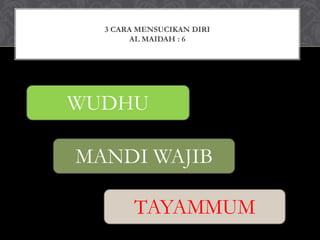 3 CARA MENSUCIKAN DIRI
AL MAIDAH : 6
WUDHU
MANDI WAJIB
TAYAMMUM
 