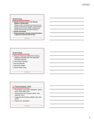 1/23/2011 
5 
Ida.doc/maternity 13 
Anamnesa 
d. Riwayat Kesehatan Dahulu dan Riwayat 
Obstetric/ Gynaecologic 
(Riwayat medik, usia pertama kali menstruasi dan 
riwayat menstruasinya, infertilitas, riwayat terkena 
penyakit sexual menular (PSM), riwayat sexual, 
riwayat kehamilan dan persalinan yang lalu ) 
e. Riwayat Kontrasepsi 
f. Riwayat Kesehatan Keluarga disertai Genogram 
( 3 generasi mulai dari klien ke atas ) 
Ida.doc/maternity 14 
Anamnesa 
g. Riwayat Psikososial (Mekanisme koping, 
adaptasi kehamilan klien dan pasangan, 
hubungan seksual) 
h. Penerimaan keluarga 
i. Rencana Bersalin 
j. Kebutuhan belajar 
k. Activity Daily Living 
2. Pemeriksaan Fisik 
a. Penampilan umum klien (kesadaran, postur 
tubuh, penampilan fisik ) 
b. Tanda-tanda vital (Tekanan darah, nadi, 
respirasi, suhu ) 
c. Tinggi dan berat badan (sebelum dan saat 
Ida.doc/maternity 15 
hamil ) 
d. Head to toe / persistem 
 
